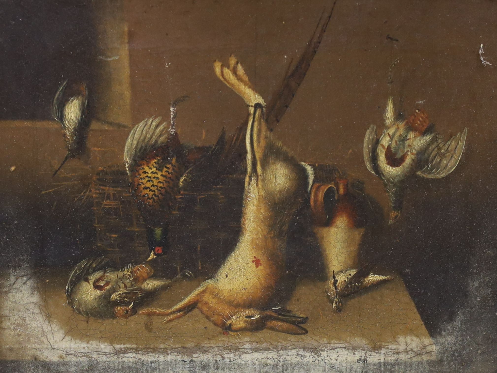 19th century English School, pair of oils on canvas, Studies of game and fish hanging in larders, 19 x 24cm